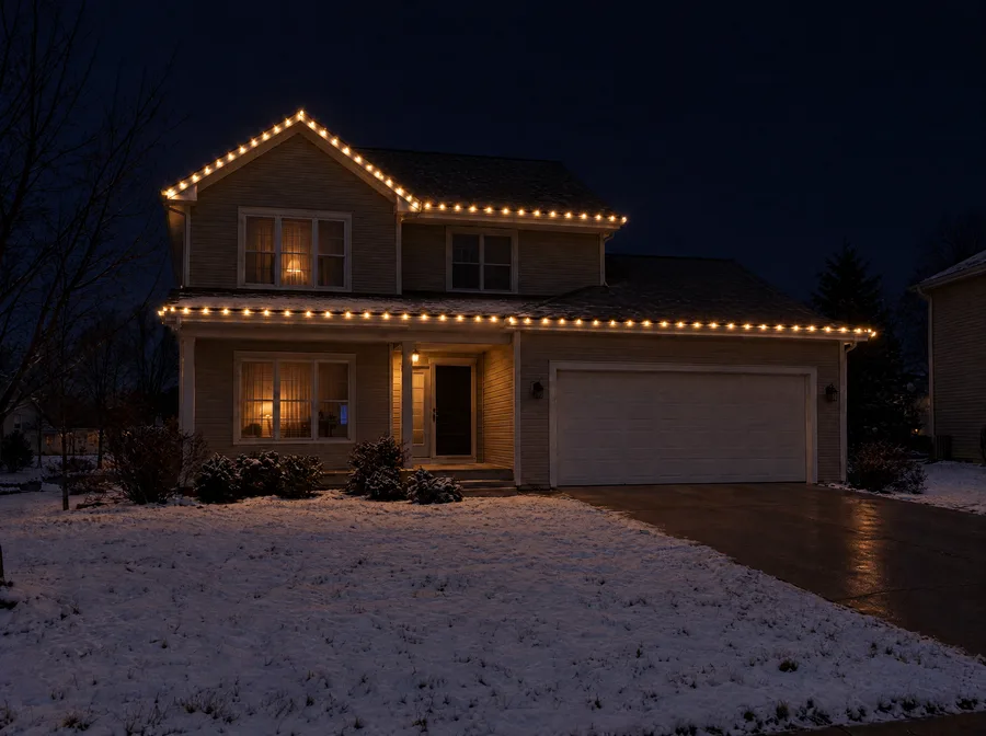 Two-story West Michigan home at night with warm white C9 Christmas lights along the gutters and roof peak