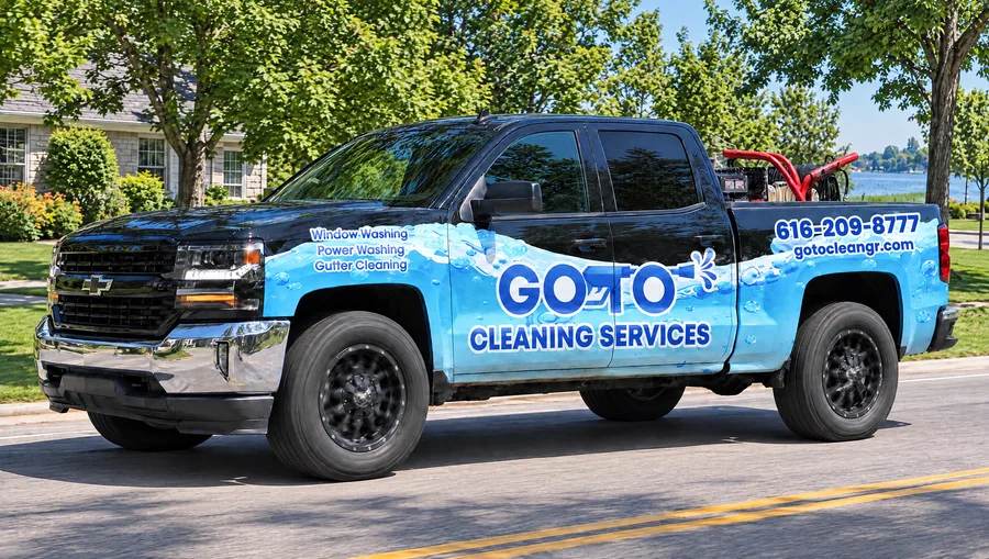 Go To Cleaning Services wrapped work truck driving through a West Michigan neighborhood
