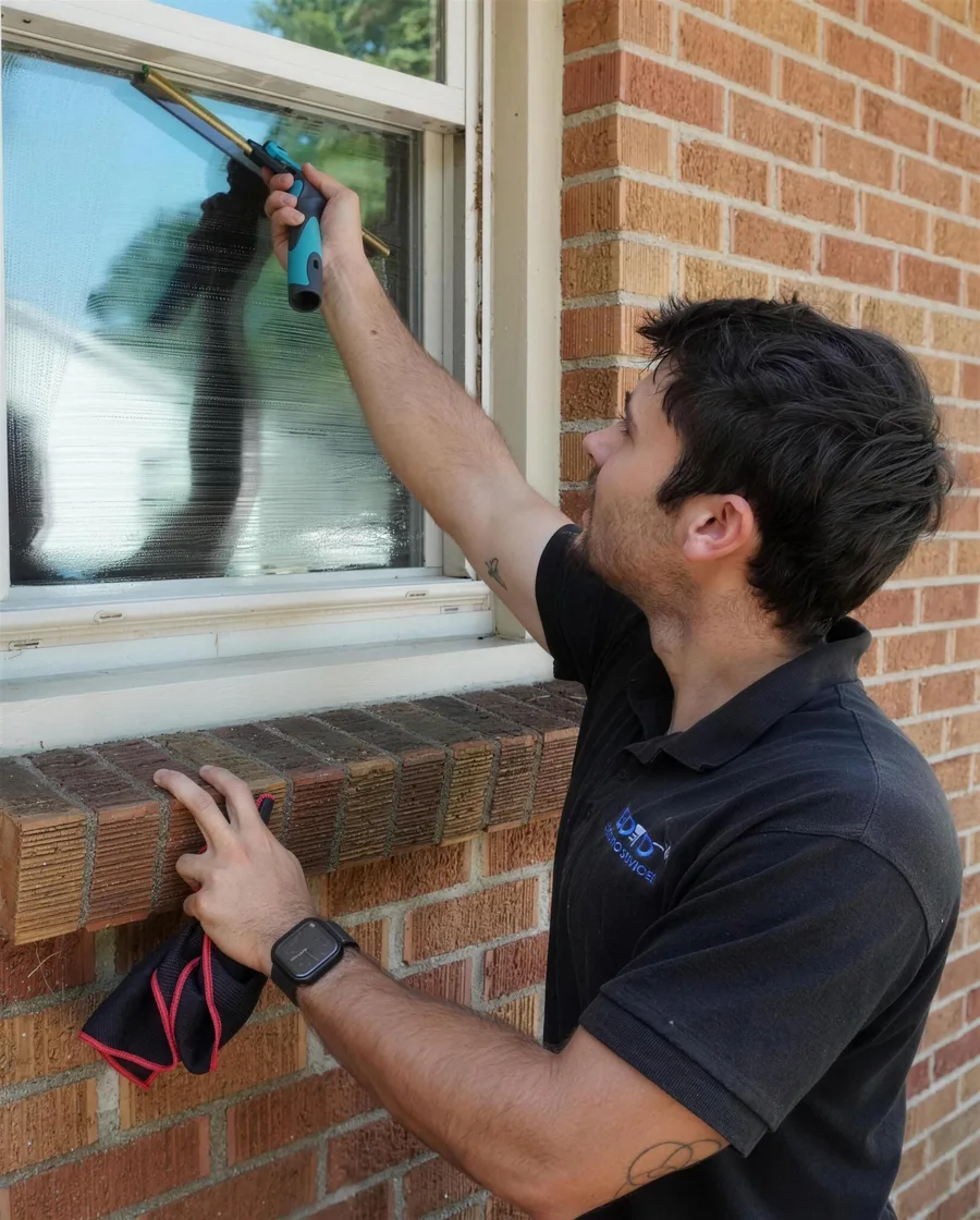 Go To Cleaning technician squeegeeing a window on a brick home in West Michigan